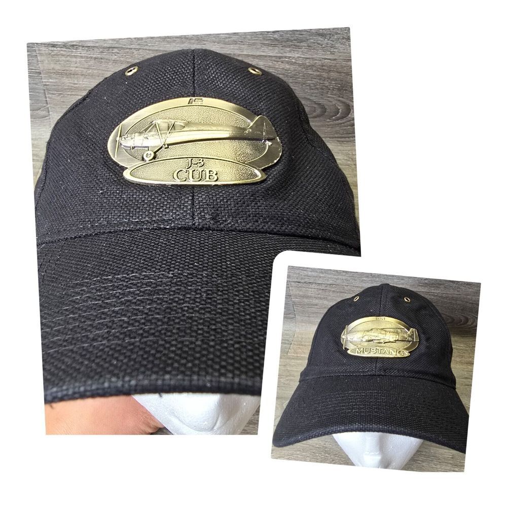 Mustang P-51 Hat  Cap Mens Black Brass Airplane Flight Military Adjustable Pilot
